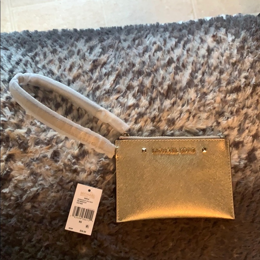 NWT Michael Kors Gold Karla leather wristlet